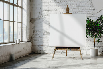 Clean art studio with blank easel, white brick wall, natural light