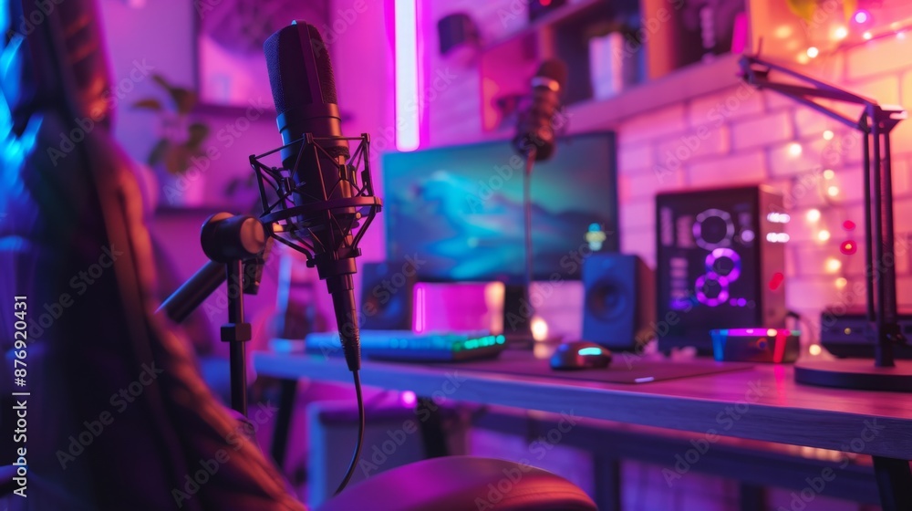 Poster a close-up of a microphone in a gamer's room, with a computer monitor, a gaming pc, and a desk in th