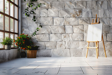 Clean art studio with blank easel, white brick wall, natural light