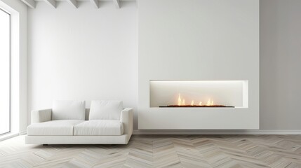 An eco-friendly fireplace in a warm, minimalist living space, highlighting the balance of warmth, energy conservation, and technology optimization