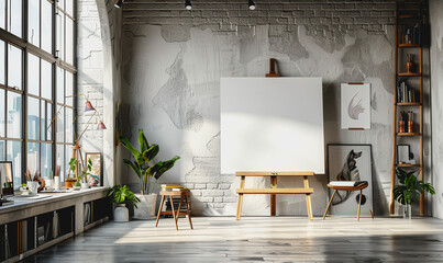 Clean art studio with blank easel, white brick wall, natural light