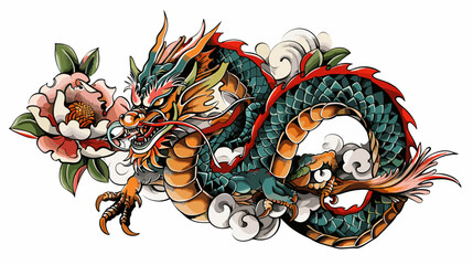 Dragon head with flowers. Hand drawn vector illustration in cartoon style