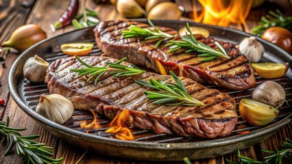 Two Juicy Grilled Beef Steaks With Rosemary And Garlic On A Hot Flaming Grill