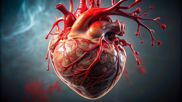 3D Illustration Of A Human Heart With Blood Vessels.
