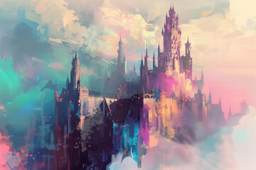Obraz premium surreal pastel abstract castle illustration , creating an otherworldly atmosphere