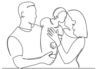 continuous single drawn one line mom dad and child happy family hand-drawn picture silhouette. line art doodle