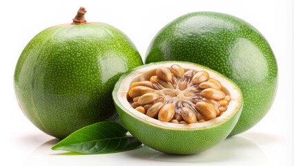 Fresh green monk fruit with sweet pulp and brown seeds isolated on a clean white studio background, highlighting its texture.