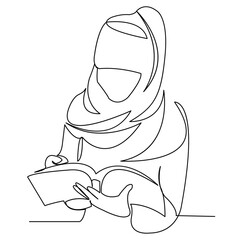 continuous single drawn one line Muslim girl reads hand-drawn picture silhouette. Line art. Doodle