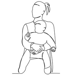 continuous single drawn one line mom with her son in her arms a hand-drawn picture silhouette. Line art. doodle.