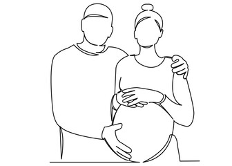 continuous single drawn one line pregnant couple in love expecting a child hand-drawn picture silhouette. Line art. doodle.