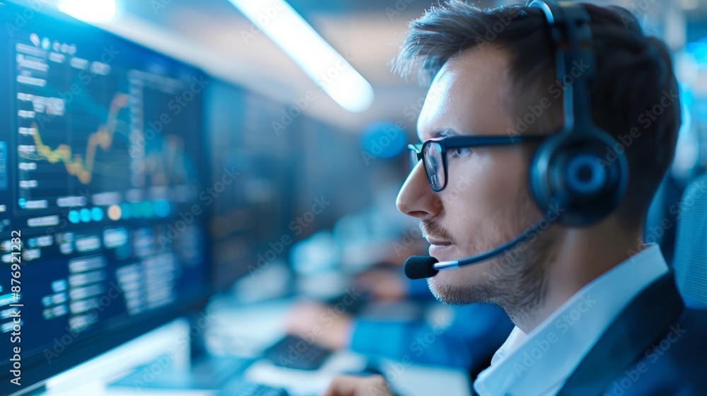 Aufkleber a focused stock trader wearing a headset and glasses, analyzing market data on multiple monitors in 