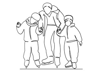 continuous single drawn single line dad with kids skating hand-drawn picture silhouette. line art doodle
