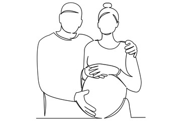 continuous single drawn one line pregnant couple in love expecting a child hand-drawn picture silhouette. Line art. doodle.