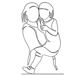 continuous single drawn by one line mother with a daughter in her arms a hand-drawn picture silhouette. Line art. doodle.