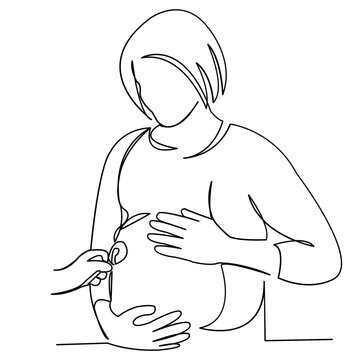 recommend clip art: continuous single drawn one line doctor obstetrician gynecologist listens belly to pregnant woman hand-drawn picture silhouette. Line art. doodle