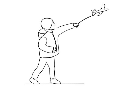 recommend clip art: continuous single drawn one line boy launches a plane hand-drawn picture silhouette. Line art. doodle.