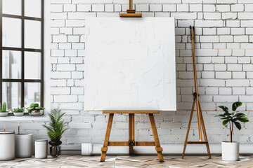 Modern art studio with blank s on easel, white brick wall, daylight
