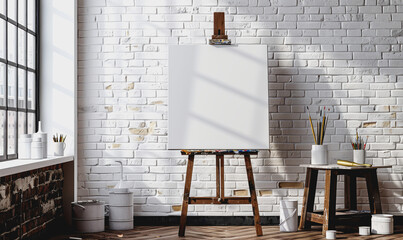 Modern art studio with blank s on easel, white brick wall, daylight