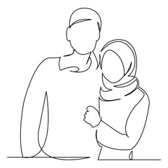 continuous single drawn one line love couple muslim hand-drawn picture silhouette. Line art. doodle.