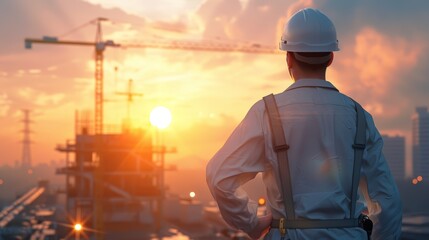 Worker at sunset on construction site with white helmet