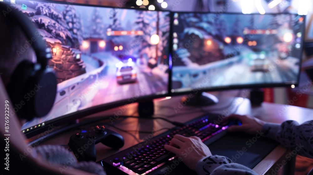 Poster a person wearing headphones plays a game on their computer, which has two monitors displaying the ga