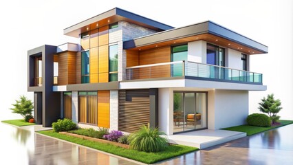 Fototapeta premium Isolated modern 3D house model with sleek architecture and vibrant colors sitting on a clean and minimalist white background.