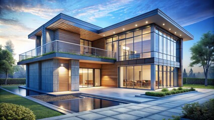 Fototapeta premium Modern private house 3D rendering on architectural technical drawing showcasing sleek exterior design with large windows and curved lines.