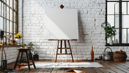 Modern art studio with blank s on easel, white brick wall, daylight