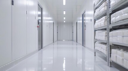 Cold storage room with efficiently arranged slabs, advanced refrigeration technology ensuring optimal preservation, clean and organized