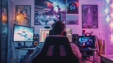 A man sits in a gaming chair with headphones on, facing a computer screen, playing a video game. The room is lit with pink and purple lights, and there are posters on the wall.
