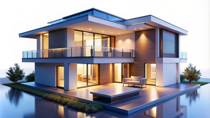 Fototapeta premium Illuminated, sleek, modern 3D house model isolated on a pristine white background, showcasing minimalist architecture and precise details.