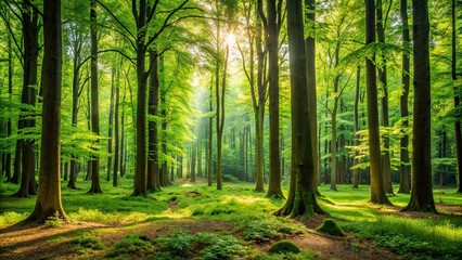Lush green forest filled with tall trees, nature, woodland, foliage, environment, outdoors, tranquility, growth, wilderness