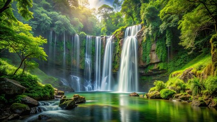 Fototapeta premium A stunning waterfall surrounded by lush green forest , Nature, trees, river, cascade, flowing, tranquil, serene