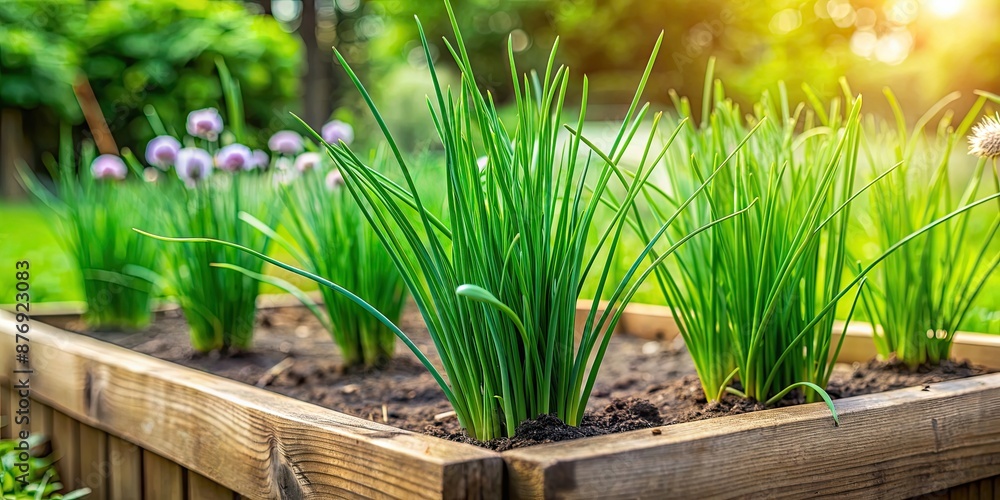 Poster Fresh chives growing in a raised garden bed , organic, herbs, homegrown, gardening, green, healthy, aromatic