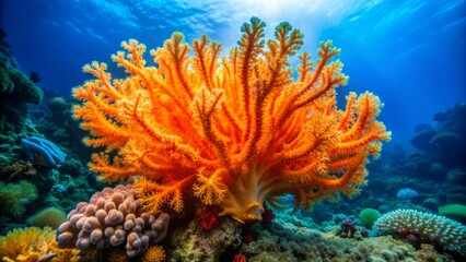 Naklejka premium Vibrant orange soft coral Subergorgia sp or Subergorgonia blooms in stunning close-up against serene blue-green underwater ocean background.