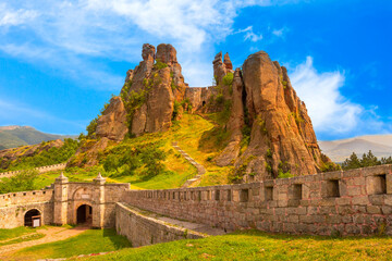 Belogradchik cliff rocks and wall at ancient Kaleto, landmark of Bulgaria