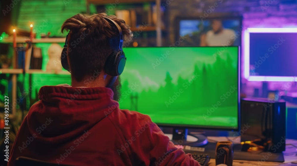 Poster a young man sits in front of a computer with a green screen displaying a game. he is wearing headpho