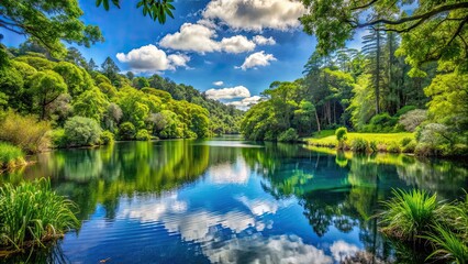 Tranquil lake surrounded by lush greenery in a national park, serene, nature, landscape, scenic, reflection