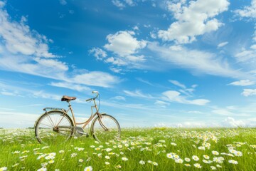 Fototapeta premium Vintage Bicycle in a Blooming Meadow Under a Blue Sky with Clouds
