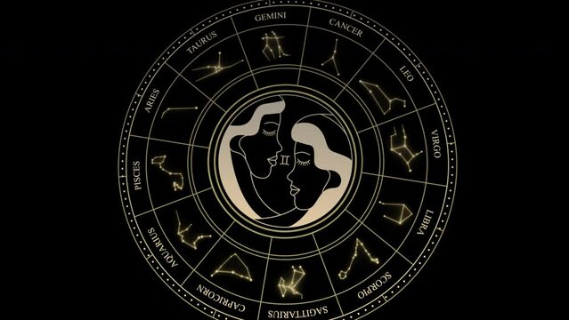 GEMINI Sign in the Zodiac Wheel With Star Constellations