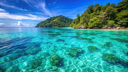 Fototapeta premium Crystal clear waters of the sea at Mu Koh Surin National Park, Thailand, tropical, paradise, turquoise, snorkeling