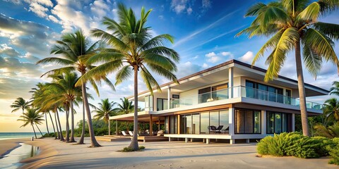 Fototapeta premium Tranquil beach house with beautiful palm trees, beach, house, palm trees, relaxation, vacation, ocean, serene, tropical