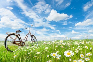 Naklejka premium Vintage Bicycle in a Blooming Meadow Under a Blue Sky with Clouds