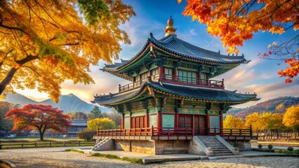 Traditional Korean tile-roofed pagoda stands majestic amidst vibrant autumn foliage in Gyeongbokgung Palace's serene courtyard, Seoul, South Korea.
