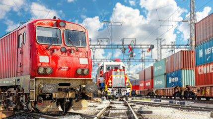 Naklejka premium Red Freight Train on Railway Tracks in Industrial Cargo Yard with Shipping Containers and Blue Sky