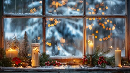 A beautifully decorated winter window featuring white candles, fairy lights, and seasonal greenery, with snow-covered branches and twinkling lights in the background.