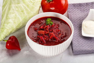Borsch soup with cabbage and beetroot