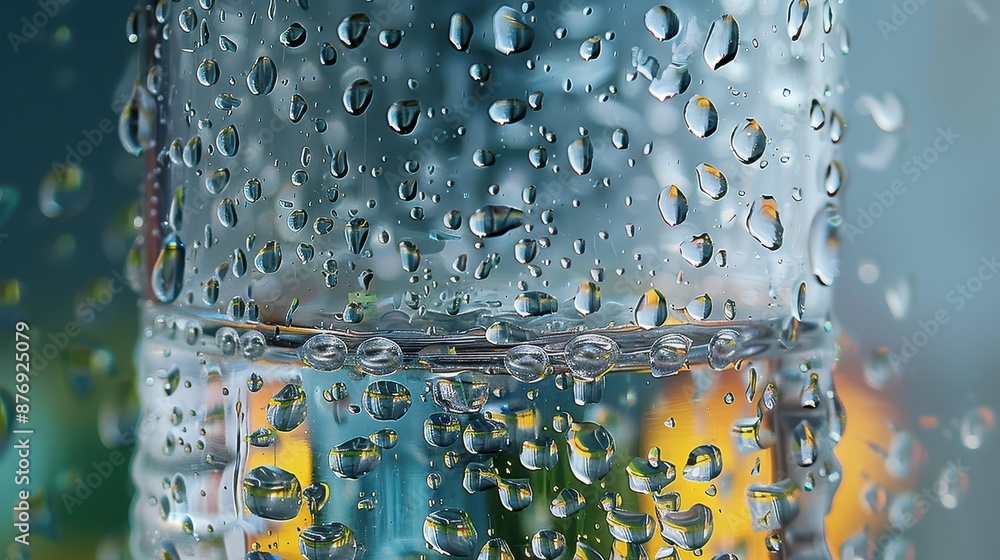 Poster this image captures a close-up of a water bottle with numerous droplets on its surface, showcasing d