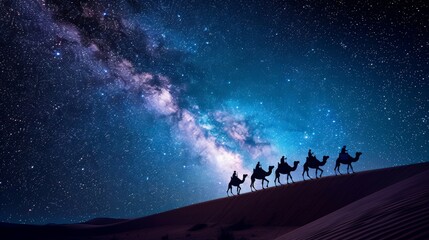 Tribal camel caravans traveling through vast desert landscapes It is silhouetted against the starry night sky decorated with the Milky Way.
