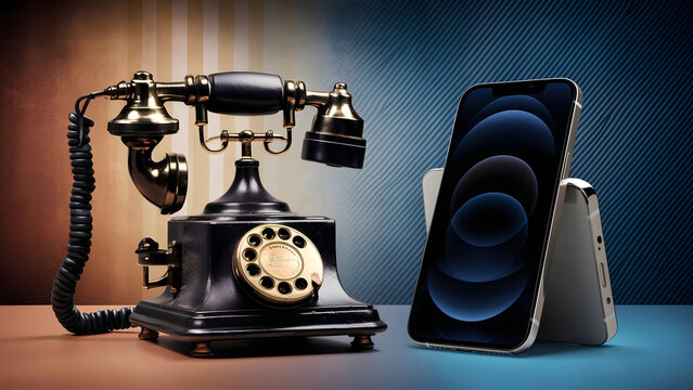 Old vs. New Telephone: Alexander Graham Bell's original telephone alongside the latest smartphone model - Powered by Adobe